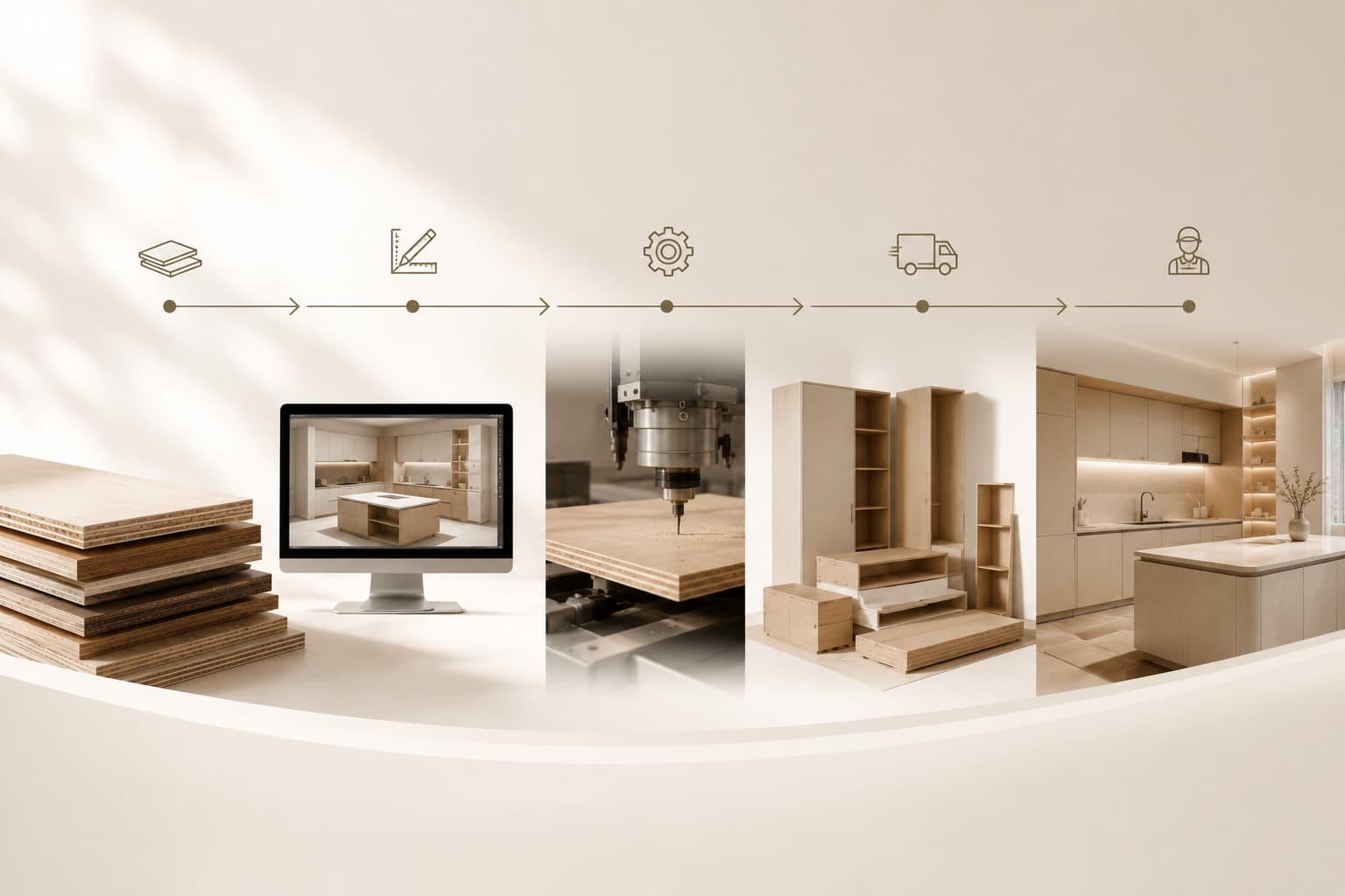 One-stop whole-house customization process — board selection, 3D design, cutting, assembly and installation